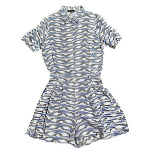 FRNCH Geometric Print Romper Size M | Blue Tan Abstract Summer One-Piece